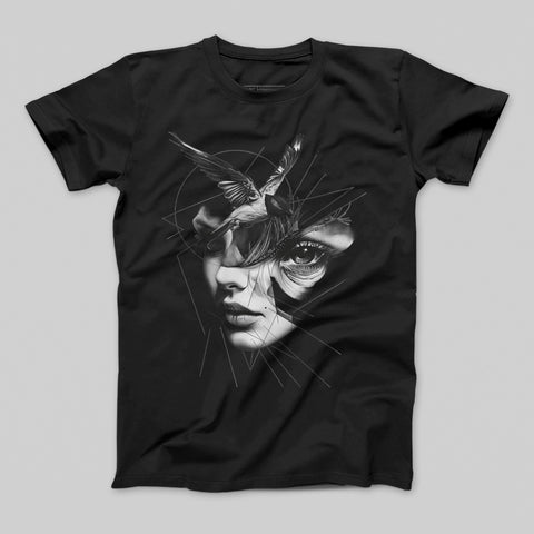 Artistic Face and Bird Black Graphic T-shirt product type