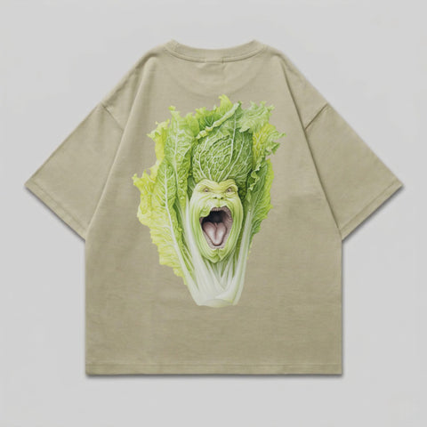 T-shirt with a cartoon cabbage monster face on the back.
