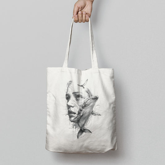 Whale and Woman Artistic Design Tote Bag