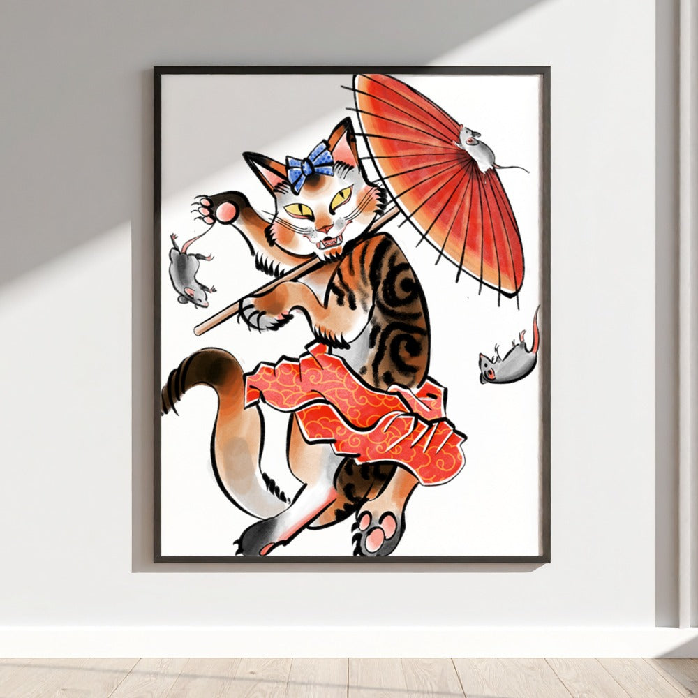 Whimsical Cat with Umbrella and Mice Art Print