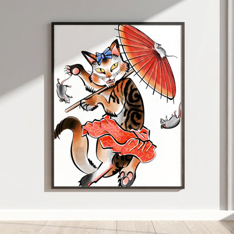 Whimsical Cat with Umbrella and Mice Art Print