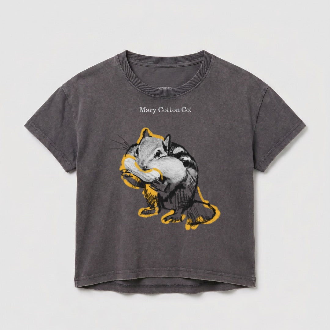 Gray t-shirt with a distressed graphic of a chipmunk holding a nut.