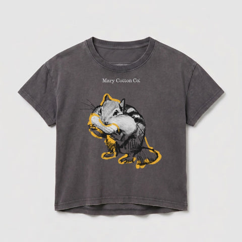 Gray t-shirt with a distressed graphic of a chipmunk holding a nut.