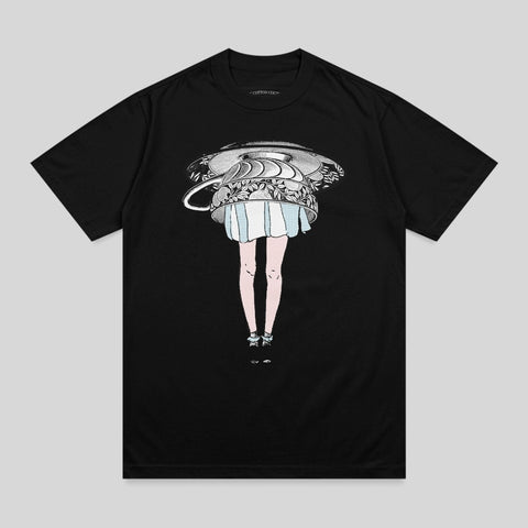 Black t-shirt with a woman's legs and a large upside-down silver bowl on a black background.