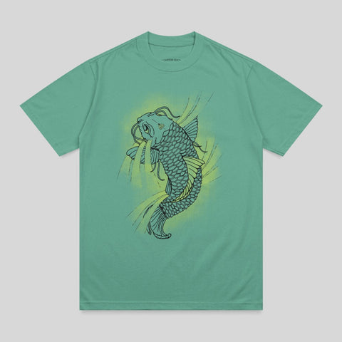 Green t-shirt with a graphic of a stylized koi fish in yellow and black.