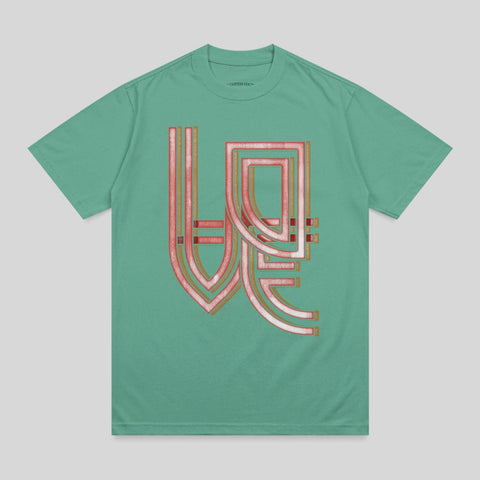 Teal t-shirt with abstract red and white line art graphic.