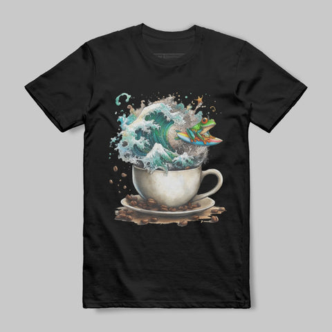 Surfer Riding Waves in Coffee Cup Graphic T-shirt