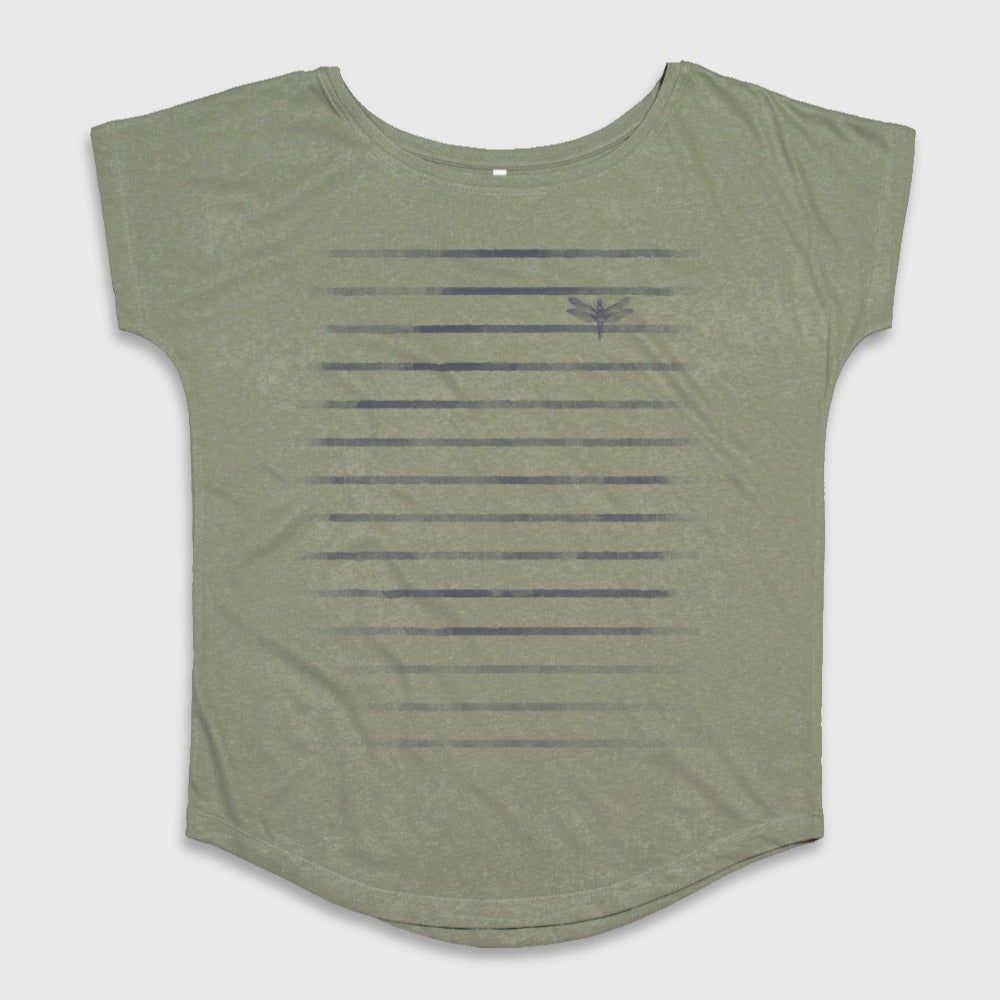 Olive Green Striped Dragonfly Design Women's T-Shirt