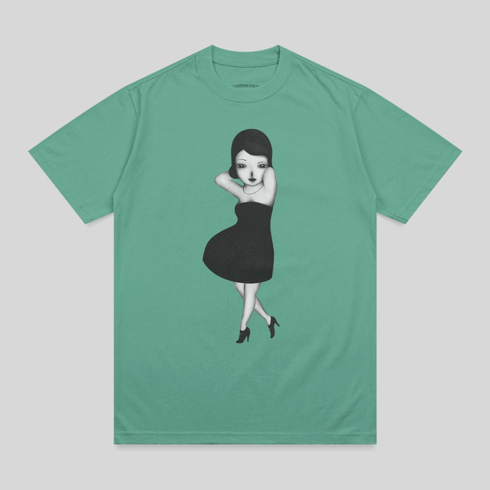T-shirt with illustration of woman in black dress and heels.