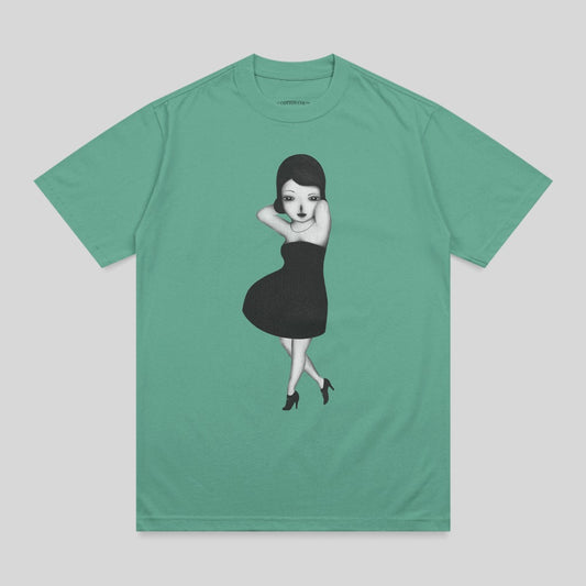 T-shirt with illustration of woman in black dress and heels.
