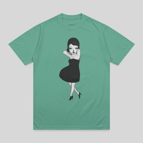 T-shirt with illustration of woman in black dress and heels.