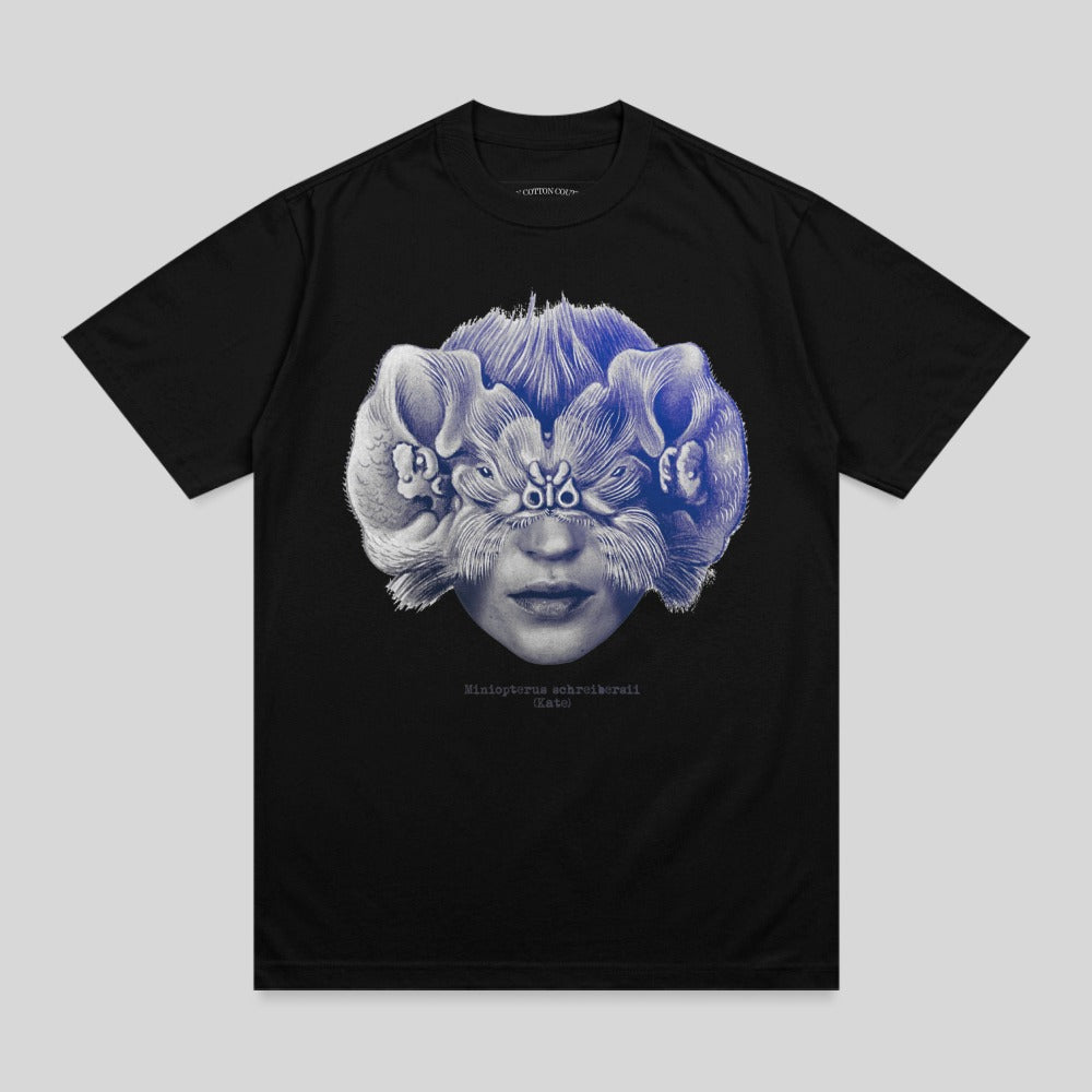 Black t-shirt with a surreal blue-toned graphic of a face with intertwined furry creatures.