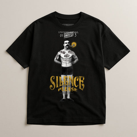 Silence Please Graphic T-shirt Front with Retro Image