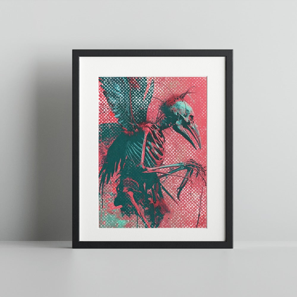 Colorful Skeleton Bird Digital Art Black Frame Poster