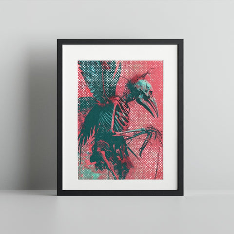 Colorful Skeleton Bird Digital Art Black Frame Poster