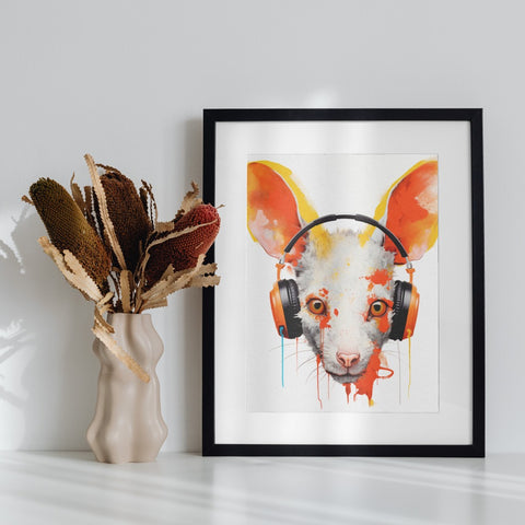 Art Print of Animal Wearing Headphones Framed Poster