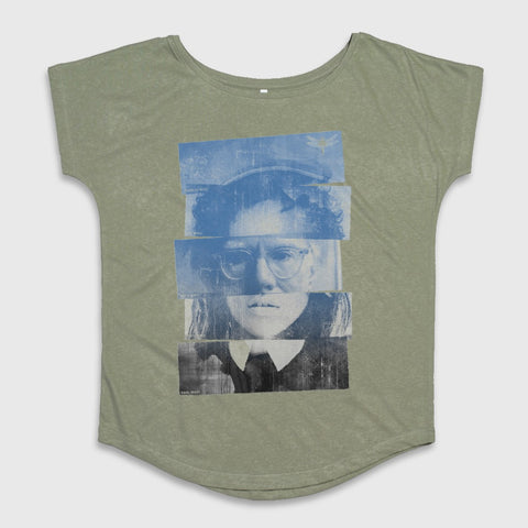 Artistic Woman Face Graphic Olive Green T-shirt