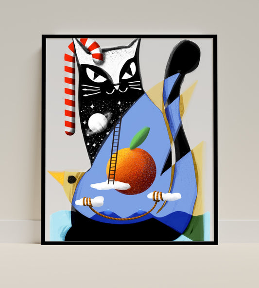 Black Cat with Candy Cane and Orange Creative Art Print