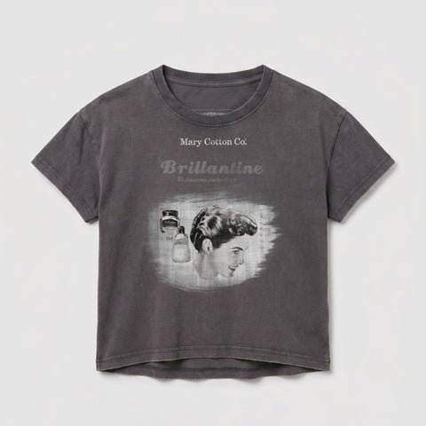 Grey t-shirt with "Mary Cotton Co." and "Brillantine" text and vintage hair product graphic.