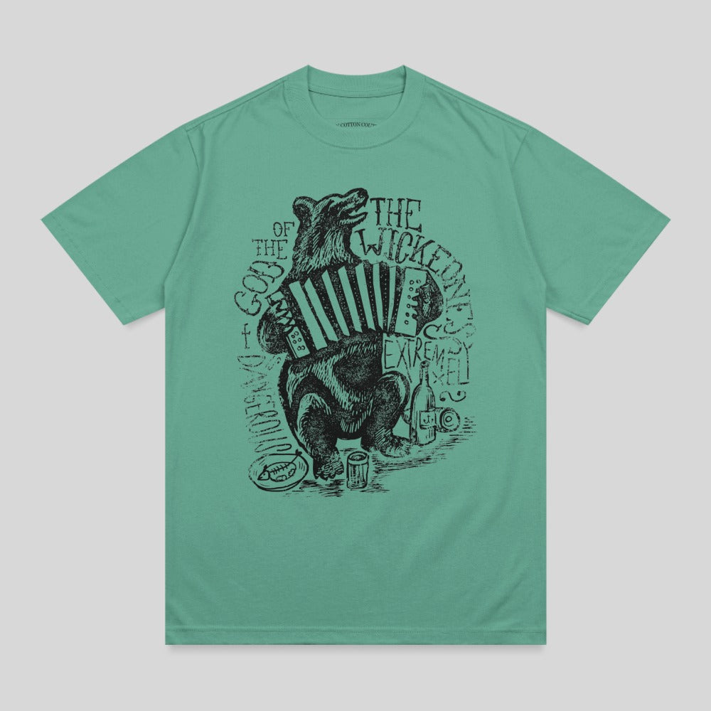 Bear playing accordion with "The Wicked Snow" text.