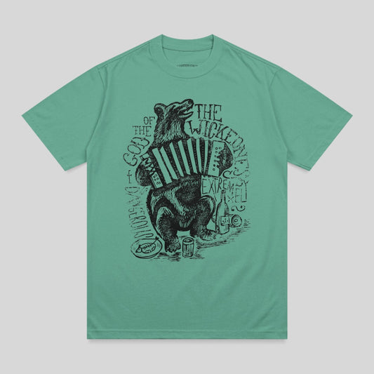 Bear playing accordion with "The Wicked Snow" text.