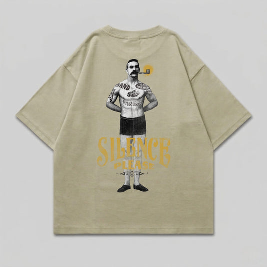 T-shirt with tattooed man smoking pipe, "SILENCE PLEASE" text.