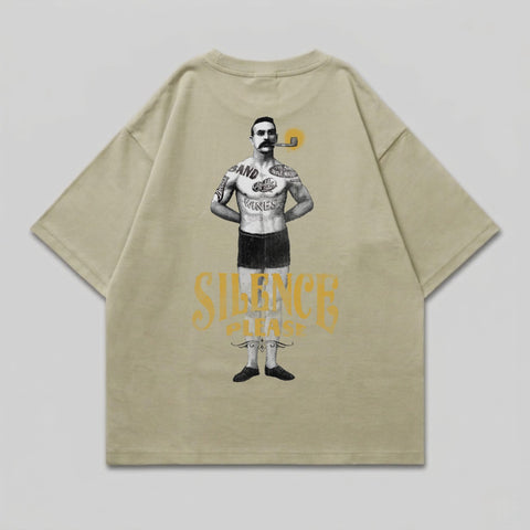 T-shirt with tattooed man smoking pipe, "SILENCE PLEASE" text.