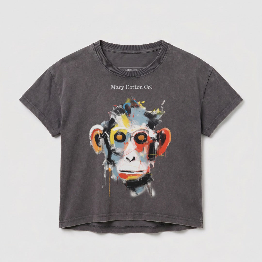 Dark grey t-shirt with abstract colorful monkey face graphic and "Mary Cotton Co." text.