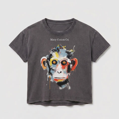 Dark grey t-shirt with abstract colorful monkey face graphic and "Mary Cotton Co." text.