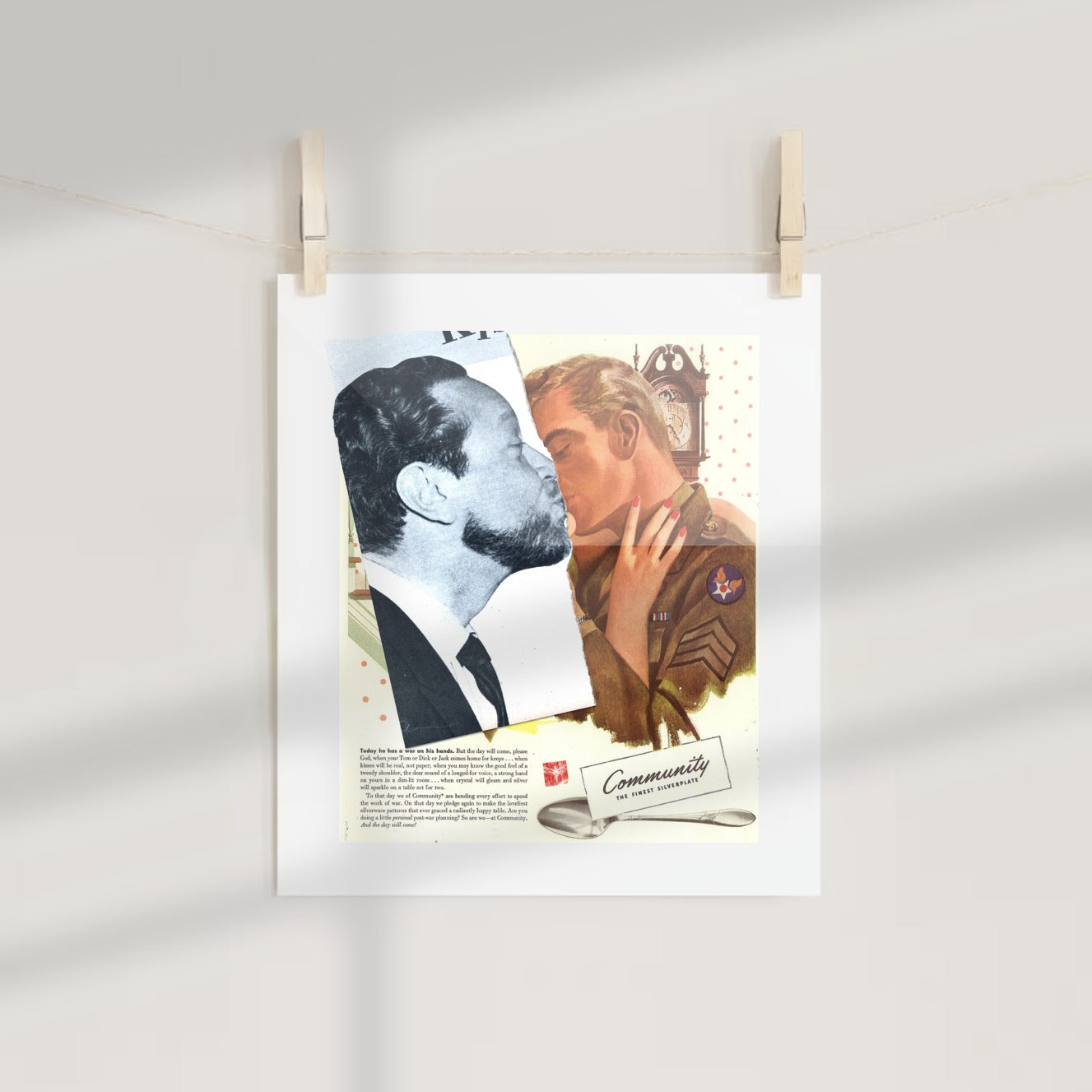 Vintage Art Print of Soldiers Kissing Retro Poster