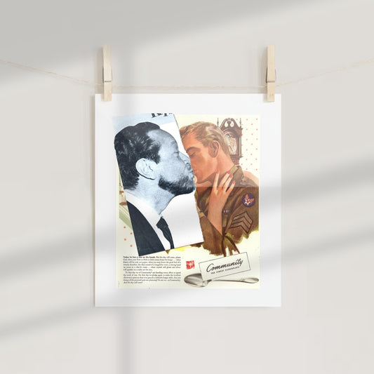 Vintage Art Print of Soldiers Kissing Retro Poster