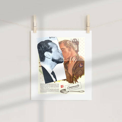 Vintage Art Print of Soldiers Kissing Retro Poster