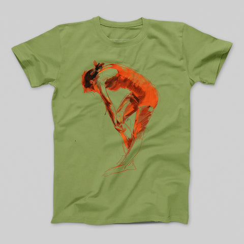 Artistic Red Figure Design on Olive Green T-shirt