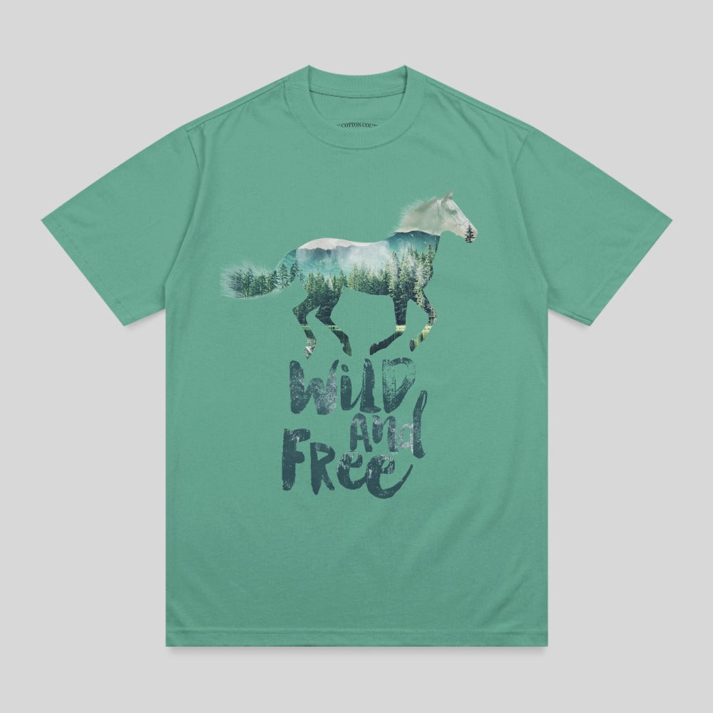 Green t-shirt with double exposure of horse and forest, text "Wild and Free".