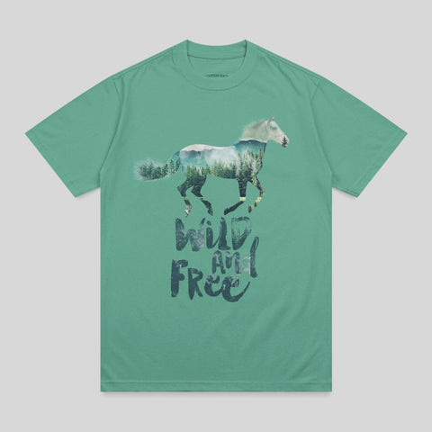 Green t-shirt with double exposure of horse and forest, text "Wild and Free".
