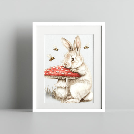 Charming Bunny and Mushroom with Bees Wall Art Decor