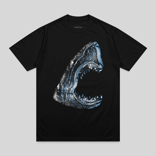 Black t-shirt with a detailed graphic of a shark's open mouth.