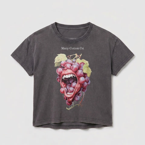 Dark grey t-shirt with graphic of a mouth biting a bunch of grapes.