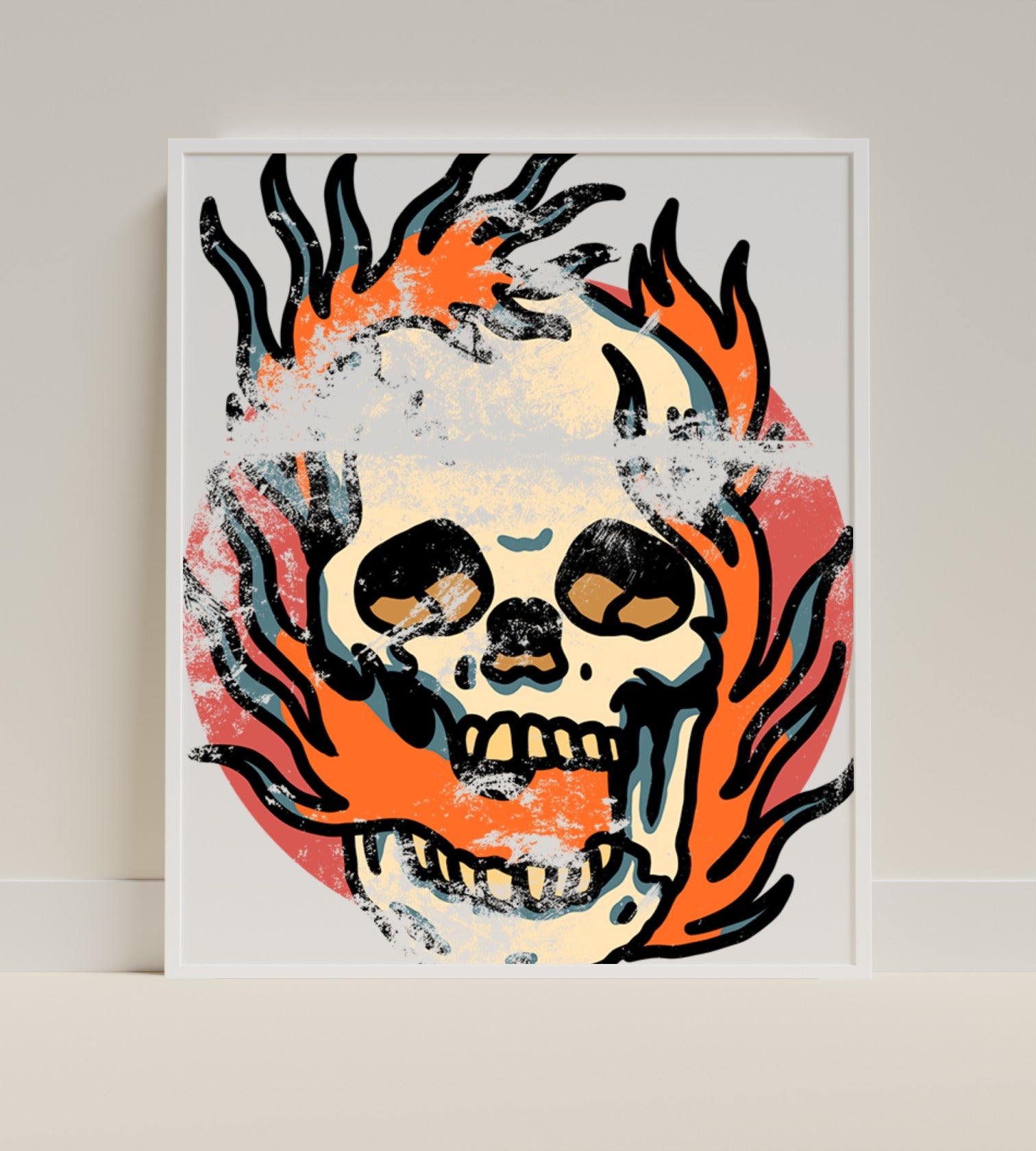 Fiery Skull Artwork with Bold Graphic Design Wall Art