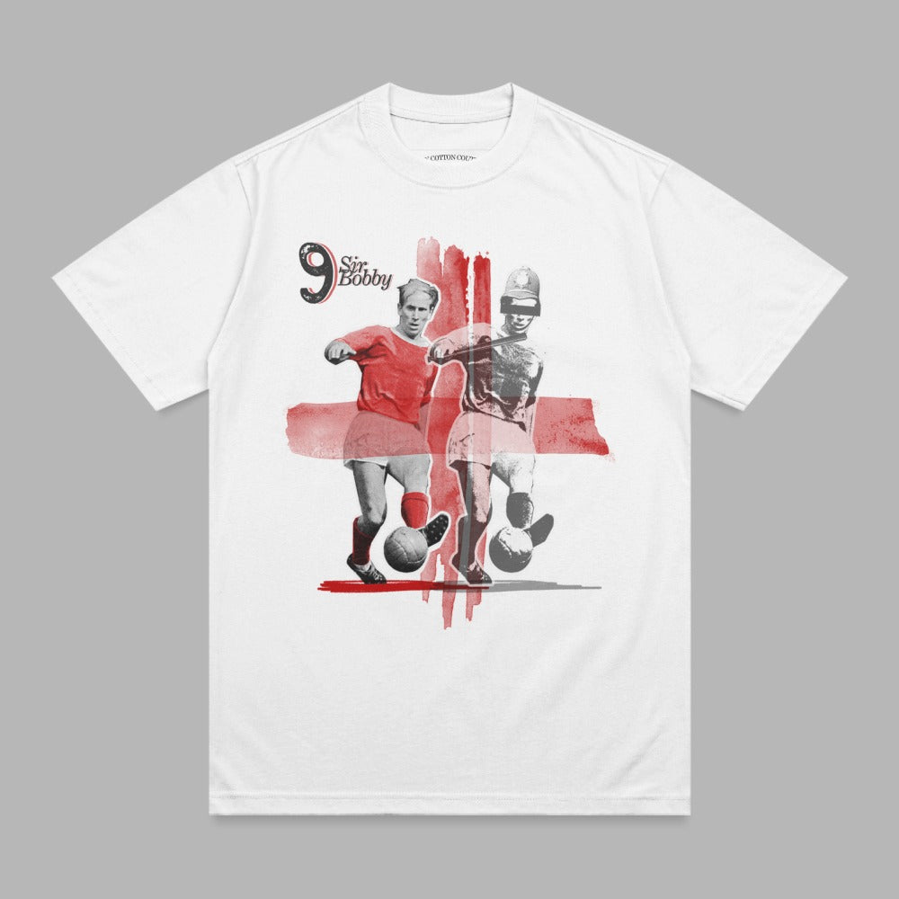 Two vintage soccer players dribble a ball against a red England flag graphic.