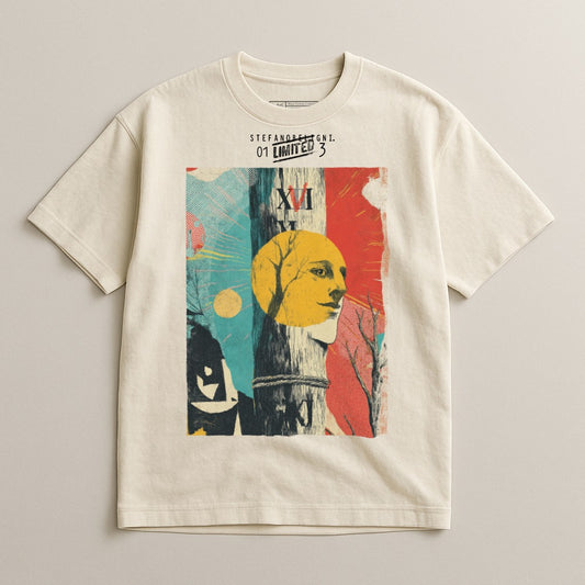 Cream t-shirt with "Stefano De Lisi, 01 Limited 3" and abstract artwork.