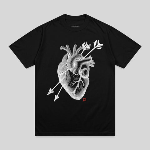 Black t-shirt with anatomical heart and arrows design.