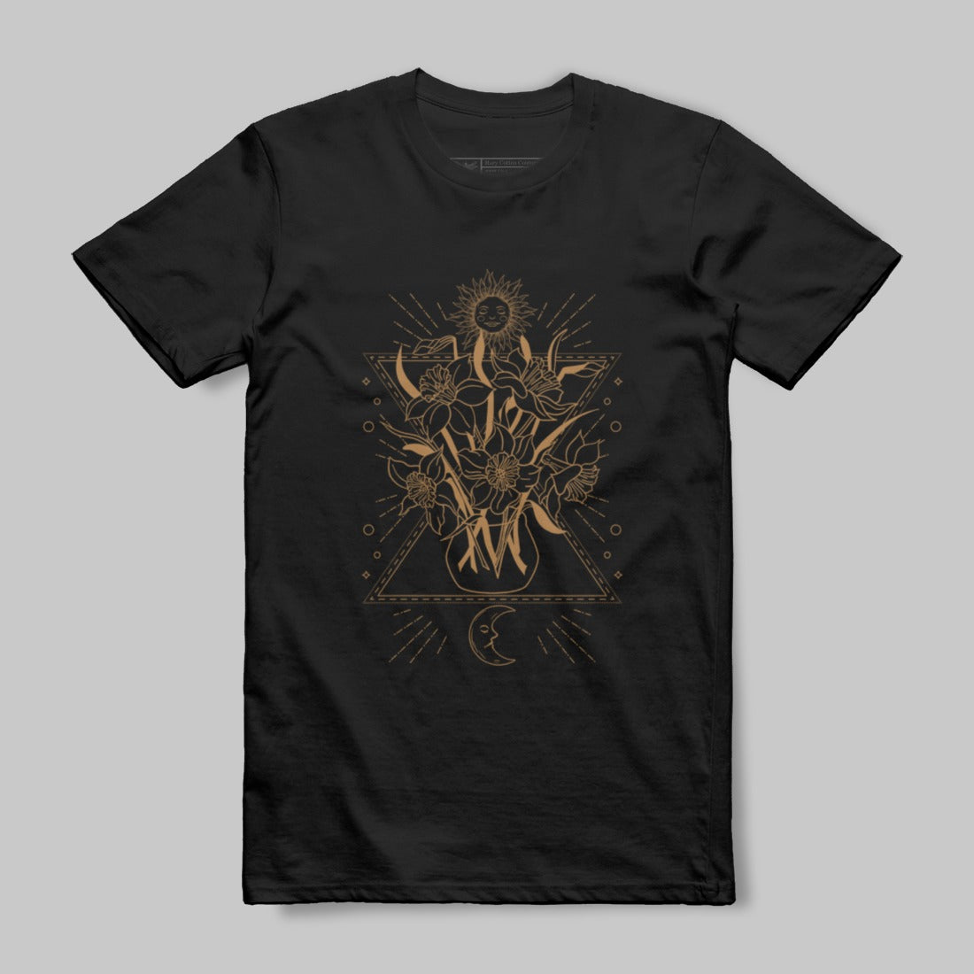 Black T-Shirt with Triangular Floral Sun Design