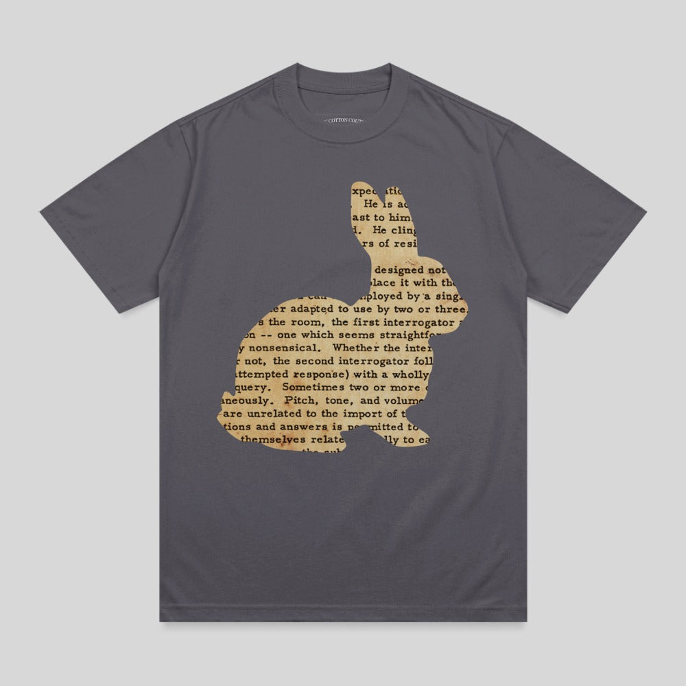 Dark gray t-shirt with a text-based silhouette of a rabbit.
