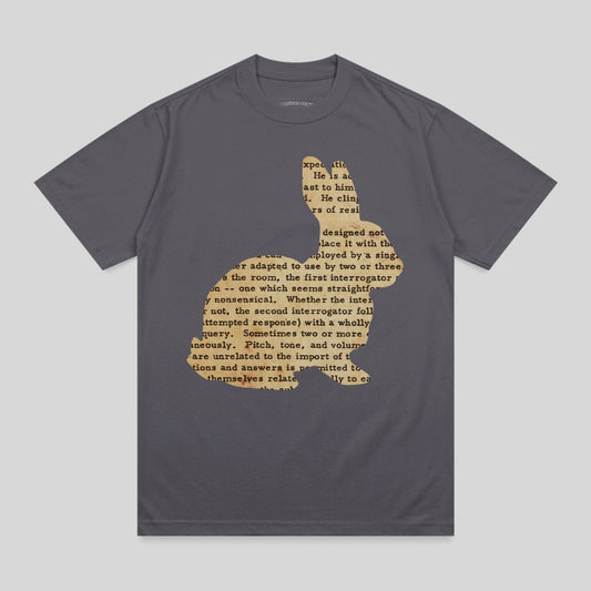 Dark gray t-shirt with a text-based silhouette of a rabbit.