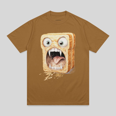Brown t-shirt with cartoon of screaming toast with sharp teeth and wide eyes.