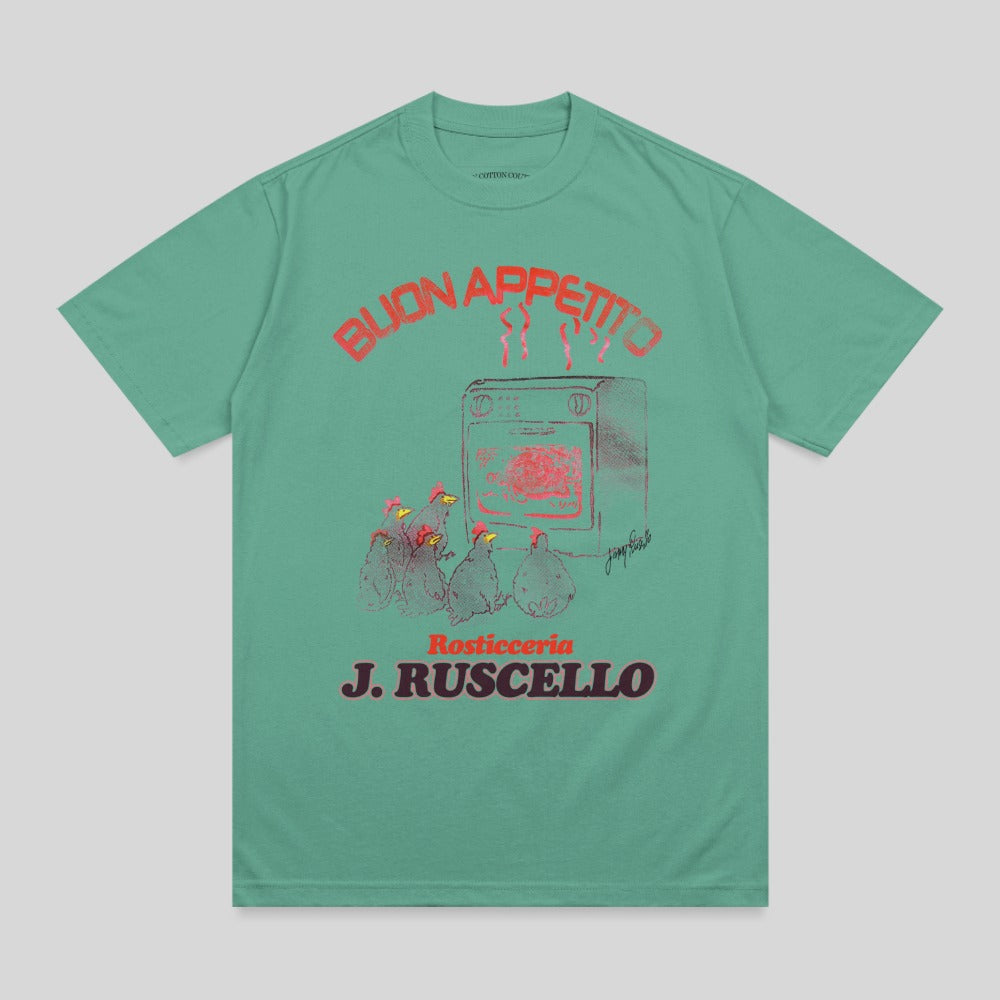 Green t-shirt with red graphic of chickens and an oven, reading "BUON APPETITO" and "J. RUSCELLO".