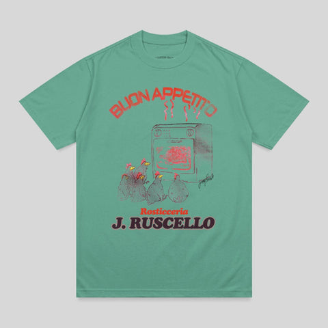 Green t-shirt with red graphic of chickens and an oven, reading "BUON APPETITO" and "J. RUSCELLO".