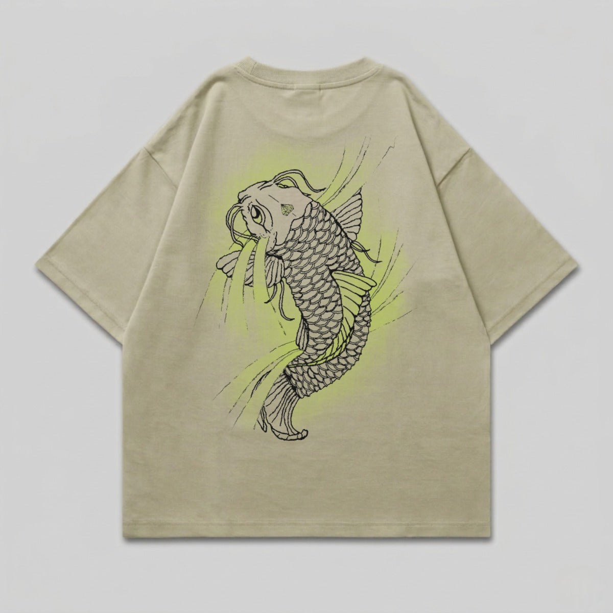 Tan t-shirt with a black and lime green koi fish design on the back.
