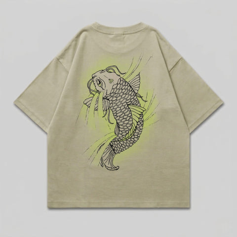 Tan t-shirt with a black and lime green koi fish design on the back.